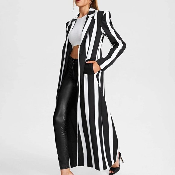 Black & White Boho Womens Striped Print Pocket Patched Longline Blazer - Picture 3 of 5